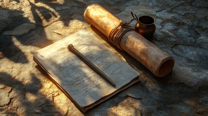 Poster - Stylus next to closed wax tablet tied with cord parchment and inkpot under soft light