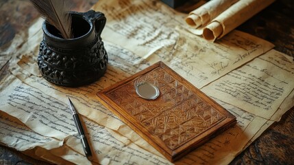 Fototapete - Wax tablet slightly ajar silver stylus on top quill in inkpot parchment scattered nearby