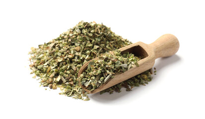 Poster - Pile of dried oregano and scoop isolated on white