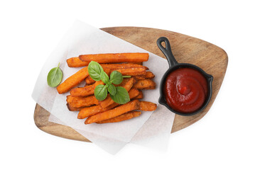 Wall Mural - Sweet potato fries, basil and ketchup isolated on white, top view