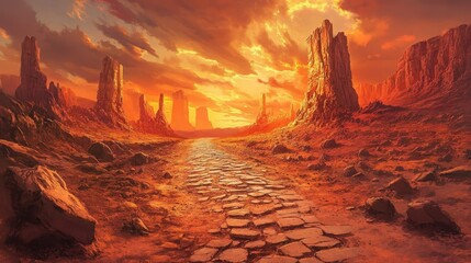 Illustration of Roman road through rocky desert cobblestones worn red rock formations sunset sky glowing