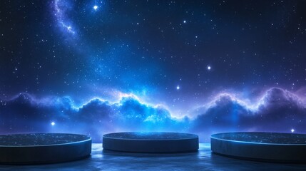 Leinwandbilder - Three circular platforms glow softly beneath a mesmerizing cosmic backdrop filled with vibrant stars and swirling galaxies, creating a serene and otherworldly atmosphere at night.