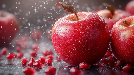 Fresh red apples with water drops and pomegranate seeds on dark background.