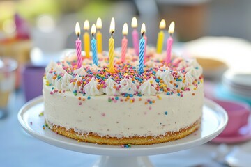 Colorful birthday cake adorned with lit candles and rainbow sprinkles on a white plate, perfect for celebration and festive occasions.