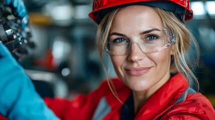 Portrait of a female factory worker carefully inspecting industrial machinery in an empty workshop or production area with vacant space for text or copy