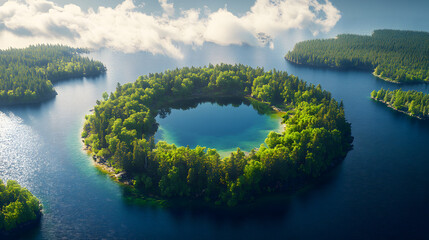 Wall Mural - Aerial View of the round island of the lake in the middle from above with forest and ocean