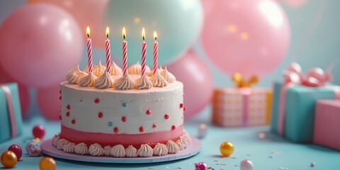 Colorful birthday cake with lit candles surrounded by balloons and gifts in a festive celebration
