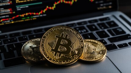 Poster - A digital graph showing Bitcoin soaring in value, with cryptocurrency symbols and financial charts illustrating the rising trend in the digital currency market.
