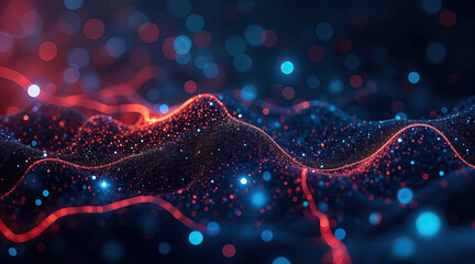 Aufkleber - glowing red and blue particle wave flow digital data stream visualizing futuristic technology communications with dynamic energy lines motion effects