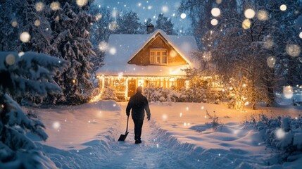 Aufkleber - A man is clearing the snow-covered path in front of a charming house adorned with warm lights. The evening sky is filled with falling snowflakes, creating a magical winter atmosphere.