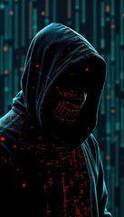 Aufkleber - hooded dark hat hacker figure in dark clothing with shadowed face hacking concept against digital matrix background cybercrime anonymity data breaches cybersecurity threats vertical format