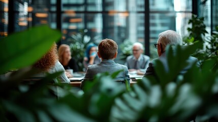 A diverse group of professionals engaged in a business meeting around a long table, emphasizing teamwork and collaboration in a modern workplace setting.