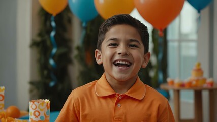 Male hispanic boy in orange attire on kids party background