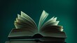 An open book with pages fanned out against a dark green background.