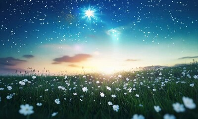 field of white flowers under blue sky with stars and sunset. floral beauty.