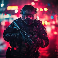 Tactical officer in intense nighttime urban scene with vibrant neon lights