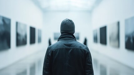 A solitary man donning a beanie intently explores a monochromatic gallery, his presence evoking a sense of solitude and introspection amidst the art world's aura.