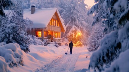 Poster - A person clears snow from the path in front of a cozy cabin illuminated by warm light, surrounded by tall trees. The tranquil winter landscape creates a peaceful and serene atmosphere.