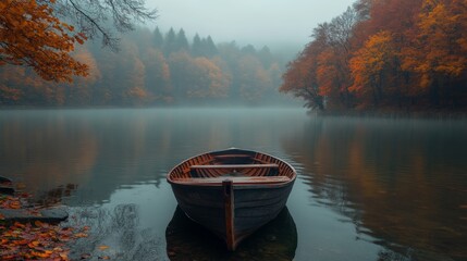 Poster - A solitary wooden boat rests gently on the calm waters of a misty lake, framed by trees adorned in brilliant autumn colors, creating a serene atmosphere.