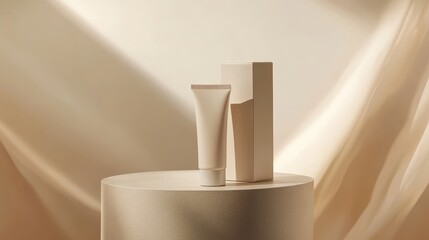 Poster - Beige-colored cosmetic tube and its matching box placed on a cylindrical pedestal with a soft, beige fabric background