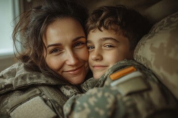 Emotional military mom reuniting with her son at home, Generative AI