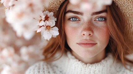 A youthful woman in a sun hat surrounded by soft cherry blossoms, exuding a sense of spring, joyous spirit, and the beauty of nature's rebirth.