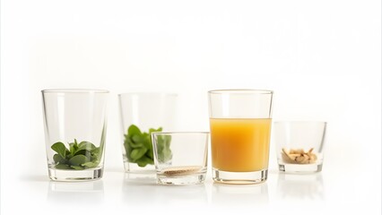 Poster - White background image features glasses with ingredients and space for text created with generative AI technology.