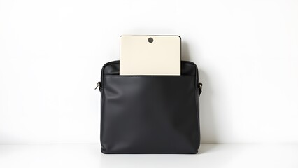 Aufkleber - A single notebook sits alone in the dark bag against a bright white backdrop surrounded by empty space visually.