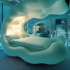 Wall Mural - Modern Bed with City View at Night.