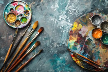 A palette of paint colors and brushes on a wooden table