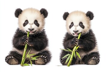 Two cute panda cubs sitting and eating bamboo on a white isolated background.