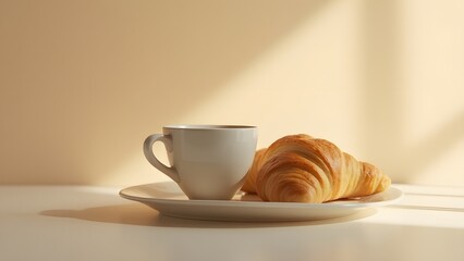 Poster - Coffee and croissant displayed on a plate in a light background created using generative AI technology for a unique visual effect.
