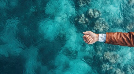 A businessman's arm extends over the vibrant, crystal-clear waters of the ocean, symbolizing the elegance and limitless possibilities of modern ventures and aspirations.