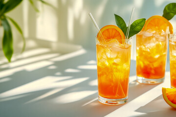 A bright and refreshing mocktail in clear glasses, adorned with an orange slice and green leaves.