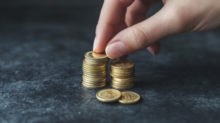 Wall Mural - Hand placing coins in a neat stack on a dark surface, highlighting the concept of savings, investment, and financial growth.