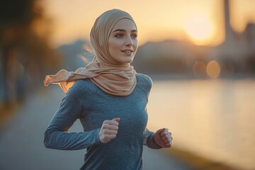 Healthy sporty woman in hijab jogging, Generative AI