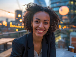 confident businesswoman smiles warmly in urban setting, showcasing her curly hair and professional attire. background features soft bokeh lights, creating vibrant atmosphere