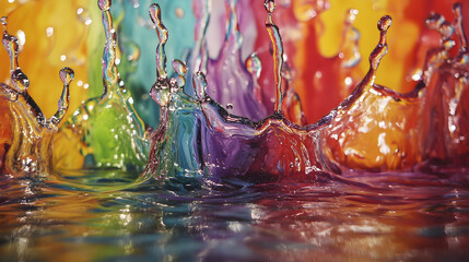 Poster - Colorful acrylic drips creating mesmerizing patterns in water, vibrant hues swirling together in a dynamic display of fluid art