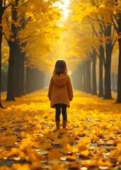 Poster - Girl creates artwork from fallen yellow leaves using generative AI technology.