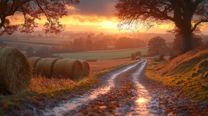 Poster - A winding dirt road cuts through a tranquil rural landscape at sunset, with colorful skies and hay bales scattered along the fields, enhancing the peaceful autumn setting.