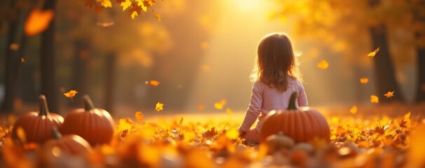 Poster - Girl uses generative AI to create autumn scene with pumpkins and yellowed leaves.
