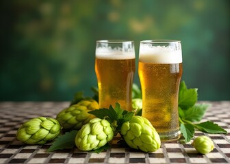 Poster - Green hops and beer glasses sit on wood with a checkered table where generative AI art can be printed in small quantities daily.