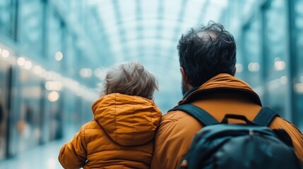 A parent carries their child while wearing matching orange jackets in an indoor setting, reflecting warmth and family bonding in a brightly lit environment.