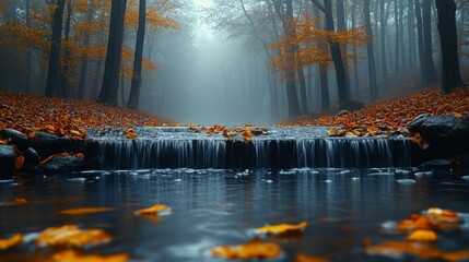 Poster - A picturesque waterfall cascades gently through a forest adorned with vibrant autumn leaves, shrouded in a soft morning mist that enhances the peaceful atmosphere.