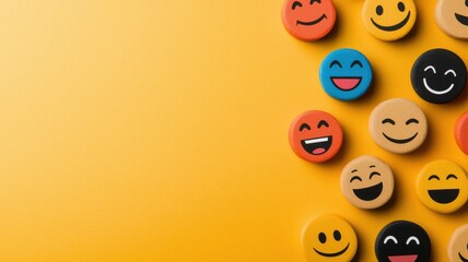 Poster - Closeup of Colorful Emoji Smiley Faces on Yellow Background