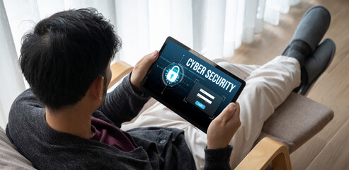 Poster - cyber security system on computer screen protect private information snugly from hacker and cyber at
