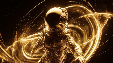 golden astronaut in a glowing spiral of light