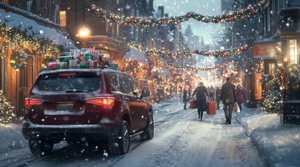 Aufkleber - People walk down a charming, snow-covered street adorned with festive lights and decorations, carrying shopping bags. A vehicle with presents is parked nearby, enhancing the holiday atmosphere.