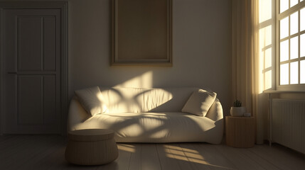 Neutral minimalist living room with a clean white sofa, wooden side tables, and sunlight casting gentle shadows