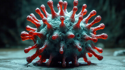 Poster - A highly detailed, close-up 3D rendering of a pink virus particle, floating in a microscopic environment